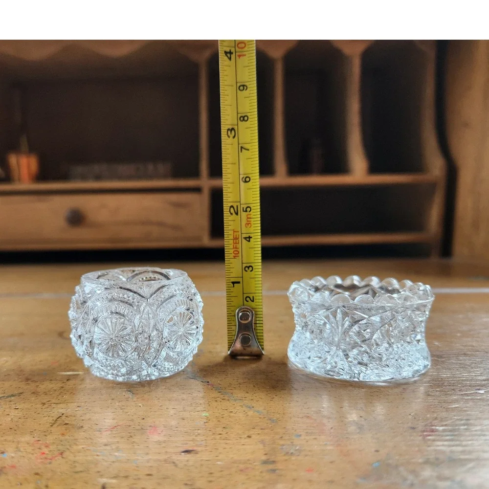 Set of 2 Vintage Clear Cut Glass Open Salt Cellars Trinket Dish